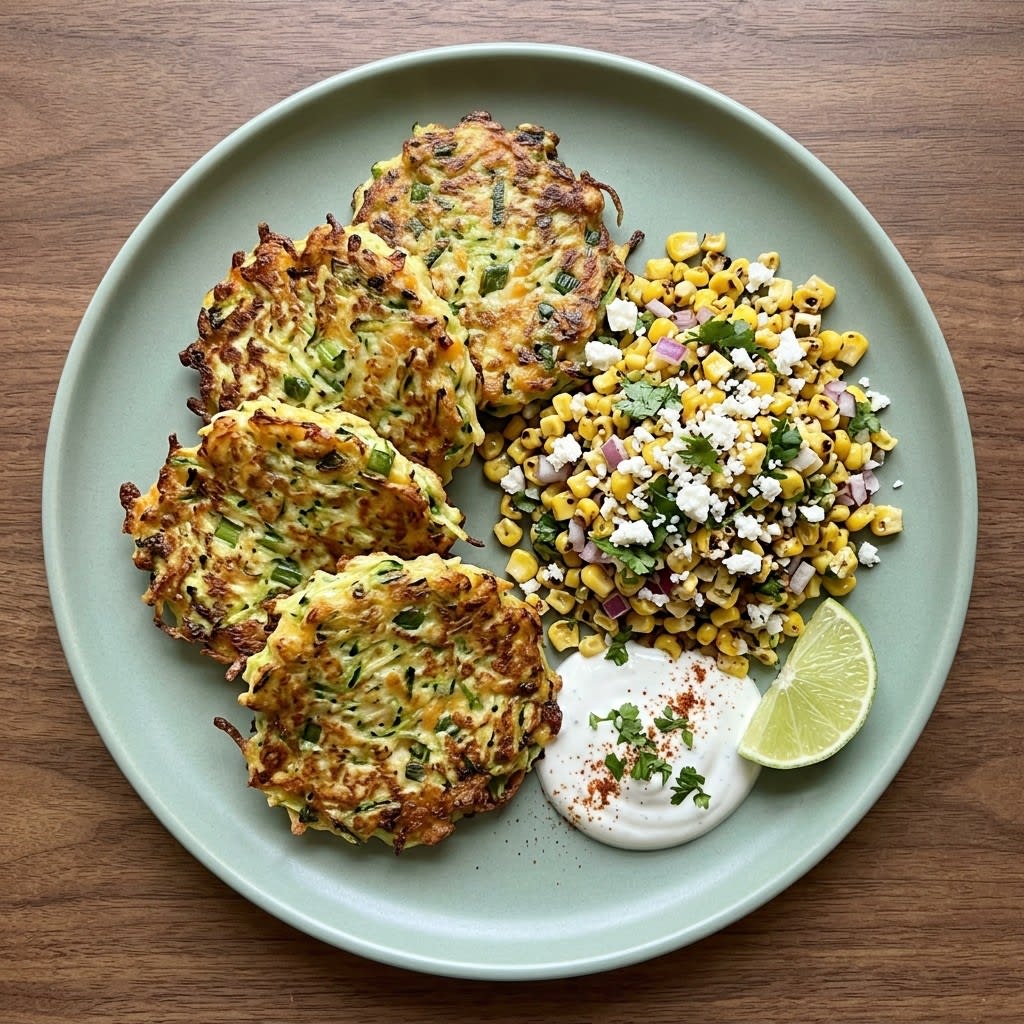 Cheesy Zucchini Fritters with Street Corn Salad & Lime Crema