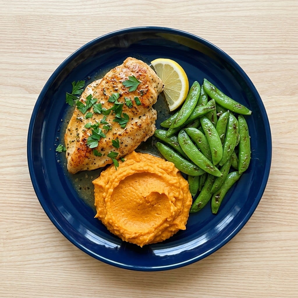 Lemon-Garlic Pan-Seared Chicken with Sweet Potato Mash & Snap Peas