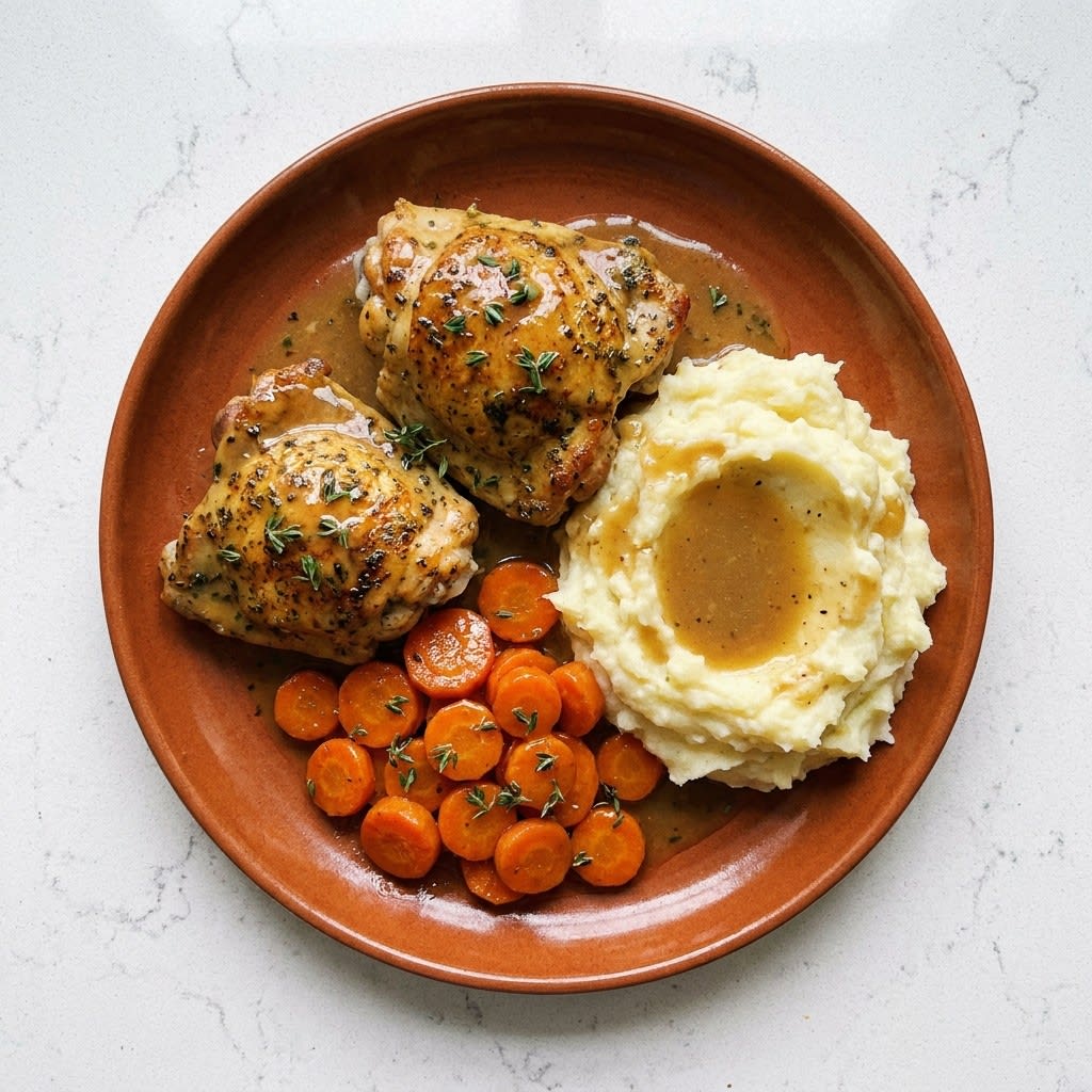 Garlic-Herb Chicken Thighs with Pan Gravy, Mash & Glazed Carrots