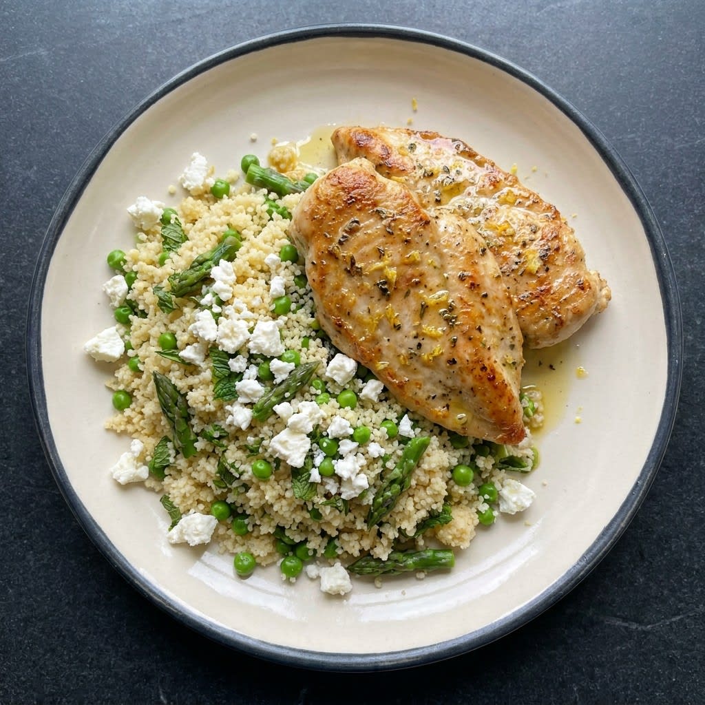 Lemon-Garlic Chicken with Spring Pea Couscous, Mint & Feta
