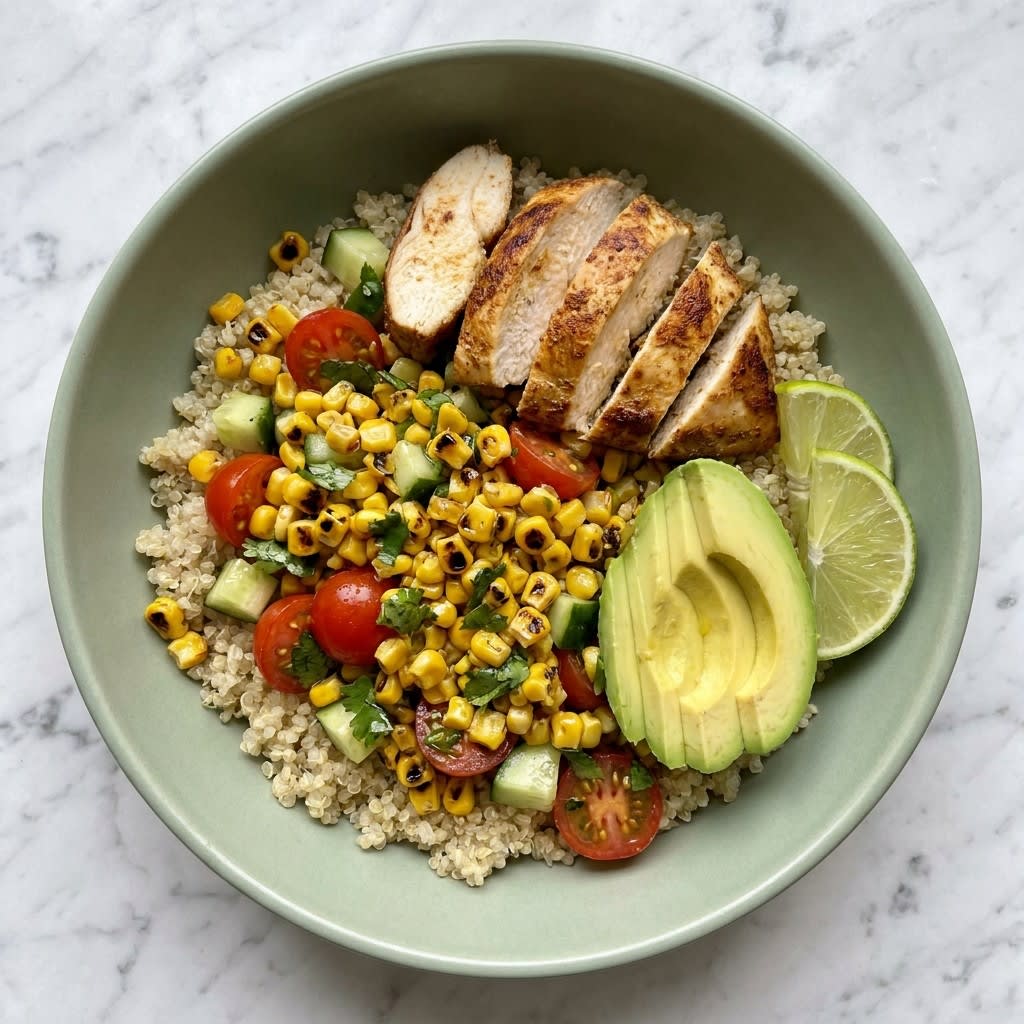 Lime-Cumin Chicken Quinoa Bowls with Charred Corn & Avocado