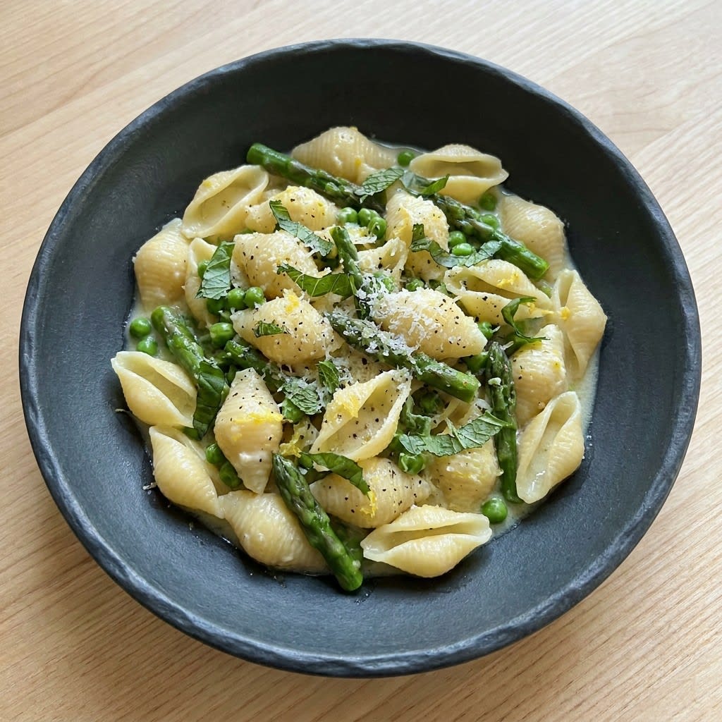 Lemon Ricotta Pasta Shells with Asparagus, Peas & Mint