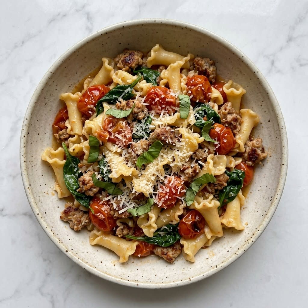 Sausage & Cherry Tomato Campanelle with Spinach & Parmesan