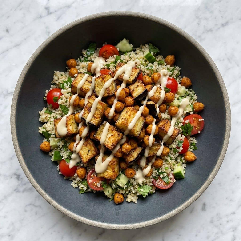 Air Fryer Crispy Eggplant with Herbed Quinoa & Lemon Tahini
