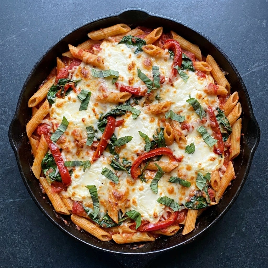 Cheesy Baked Penne with Tomato, Spinach & Roasted Red Peppers