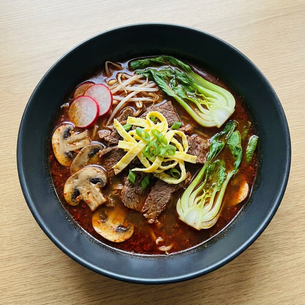 Spicy Korean Beef Stew with Bok Choy, Radishes & Egg Ribbons