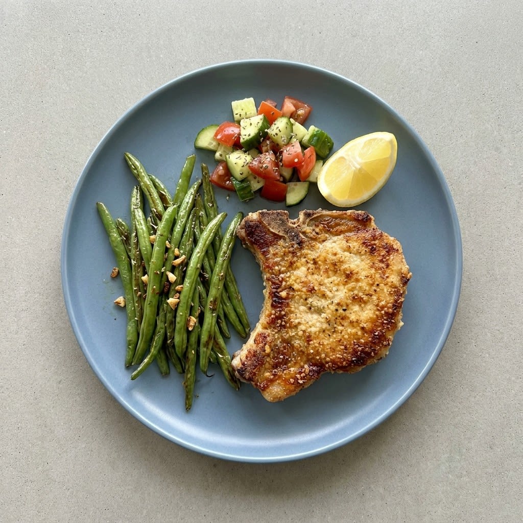 Air Fryer Parmesan-Crusted Pork Chops with Garlic Green Beans