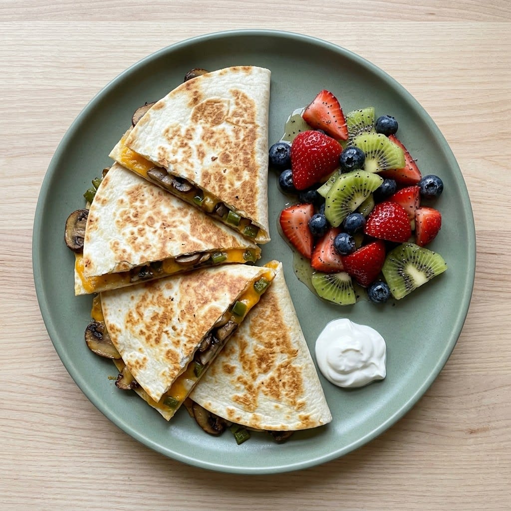 Mushroom, Cheddar & Jalapeño Quesadillas with Poppy Seed Fruit Salad