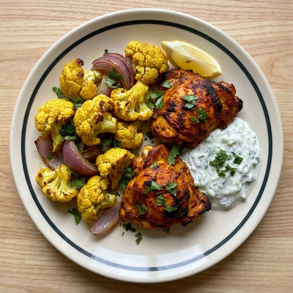 Sheet Pan Tandoori-Spiced Chicken with Cauliflower & Cucumber Raita