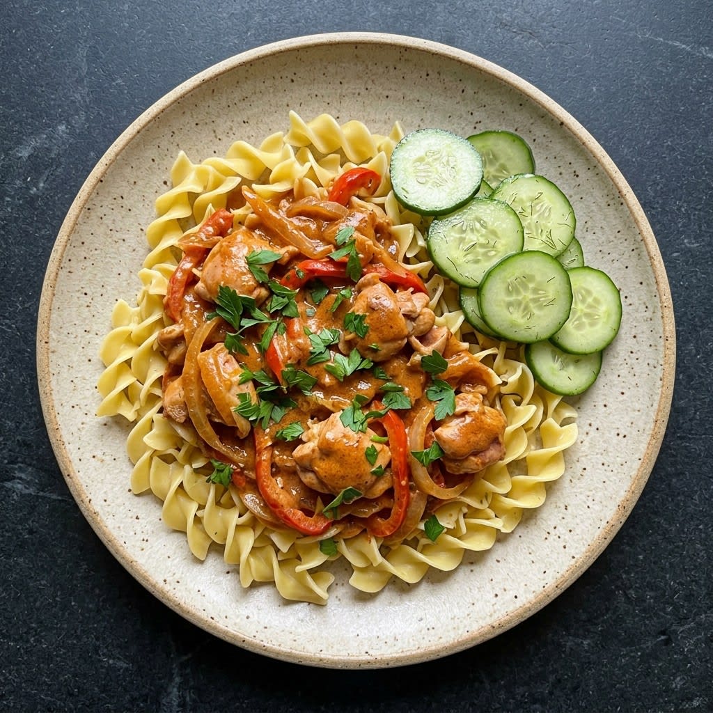 Chicken Paprikash with Buttered Egg Noodles & Cucumber Salad