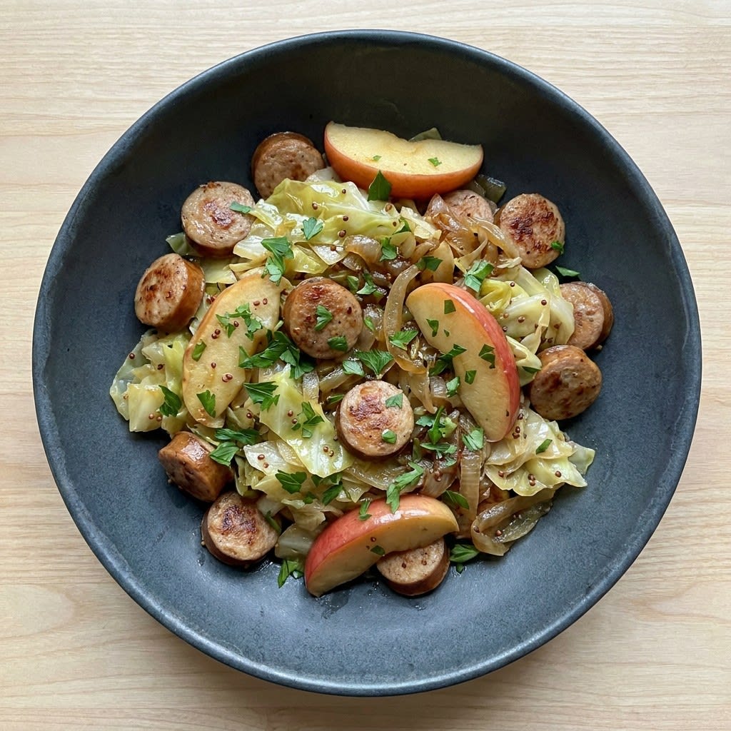 One-Pot Mustard Chicken Sausage with Cabbage & Apples