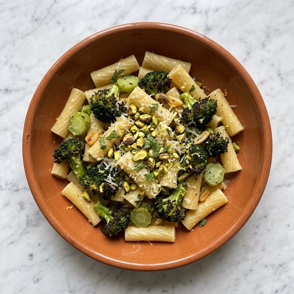Lemony Roasted Broccoli Rigatoni with Mint, Pistachios & Parmesan