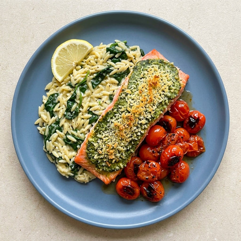 Pesto-Crusted Salmon with Lemon Orzo & Blistered Tomatoes
