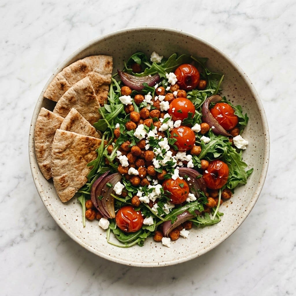 Roasted Chickpea & Tomato Salad with Arugula, Feta & Warm Pita