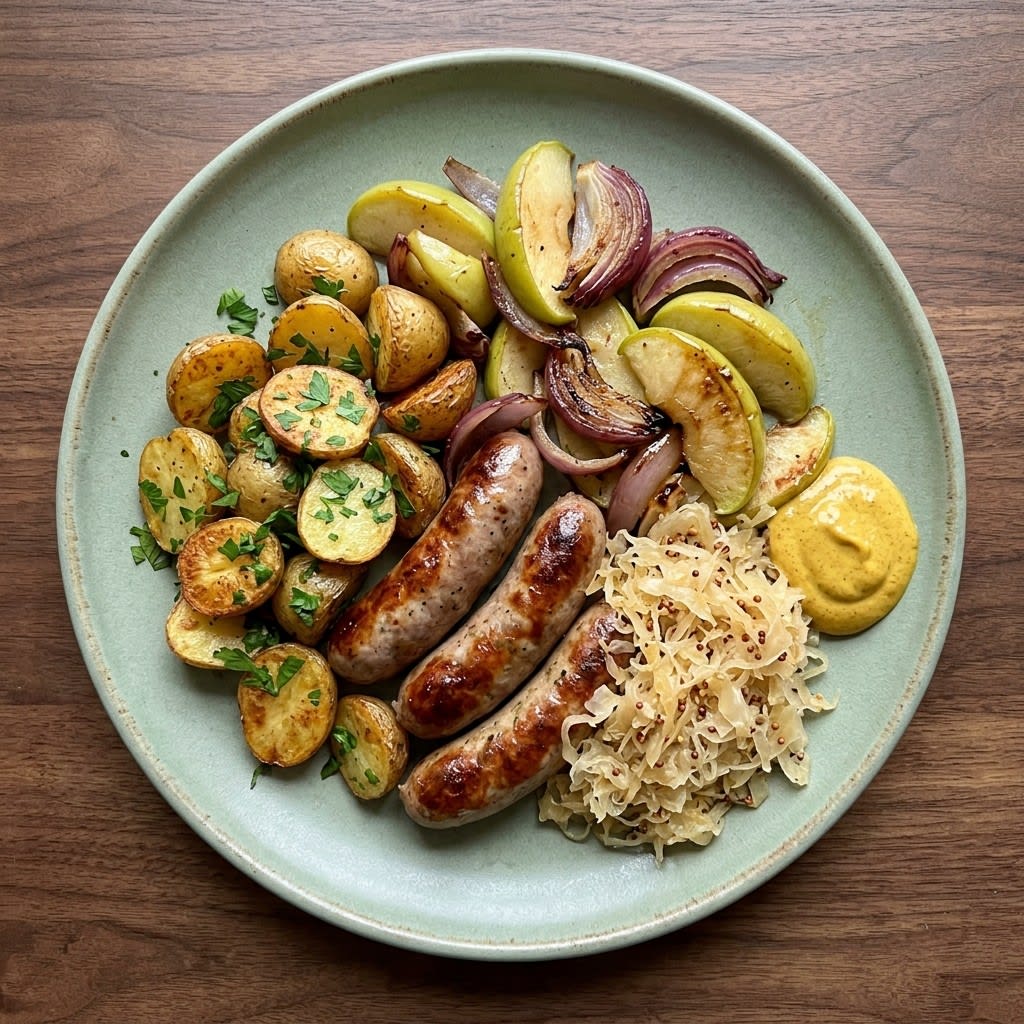 German Sausage & Potato Bake with Apples, Sauerkraut & Curry Mayo