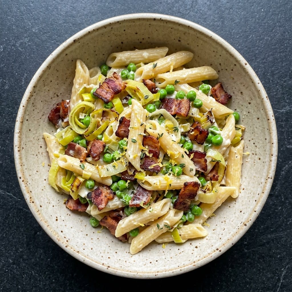 Creamy Leek & Bacon Penne with Goat Cheese & Sweet Peas