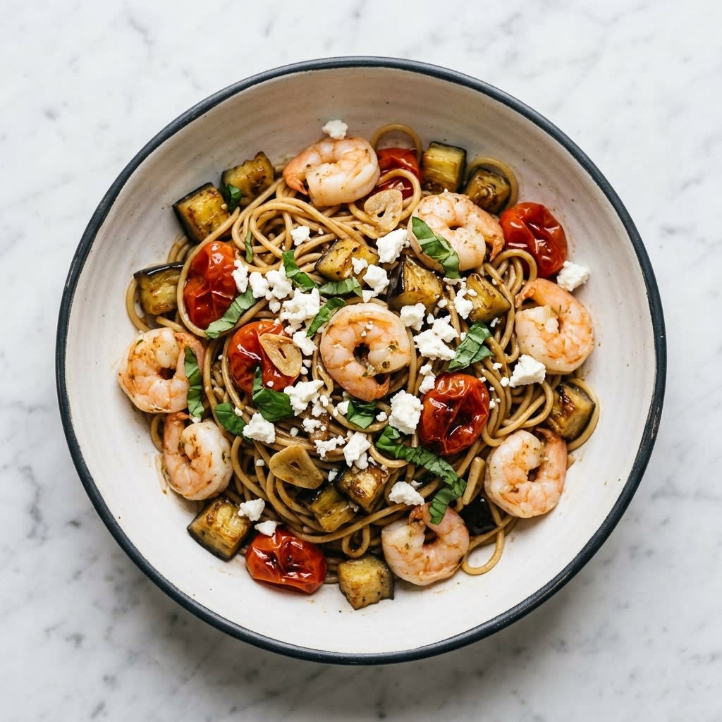 Basil-Balsamic Shrimp Spaghetti with Eggplant, Tomatoes & Feta