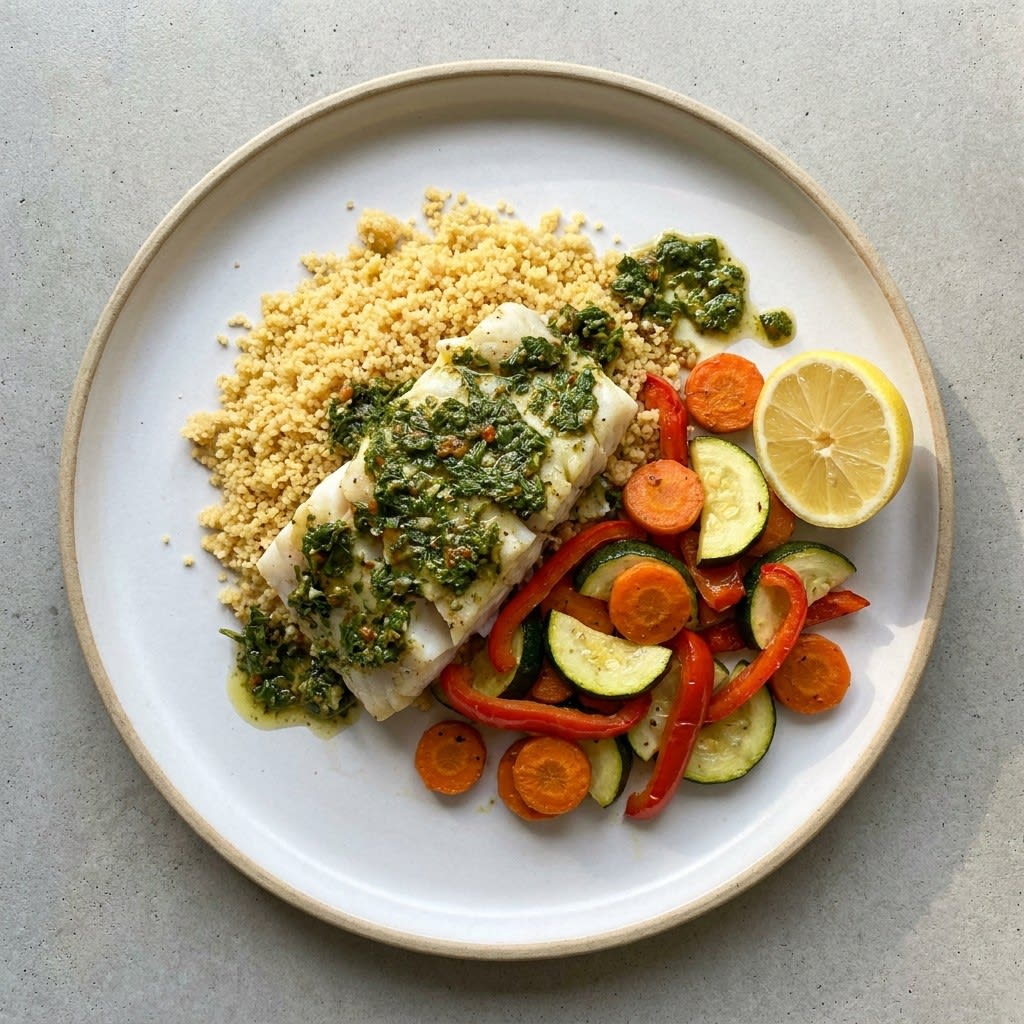 Moroccan Chermoula Cod with Carrot-Zucchini Skillet & Couscous