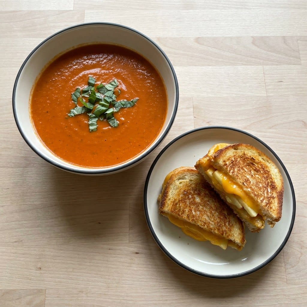 Creamy Tomato Basil Soup with Cheddar Grilled Cheese