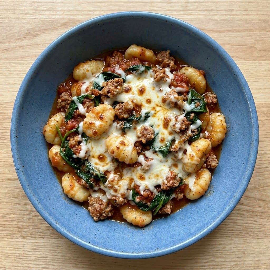 Cheesy One-Pot Sausage Gnocchi with Spinach & Melted Mozzarella