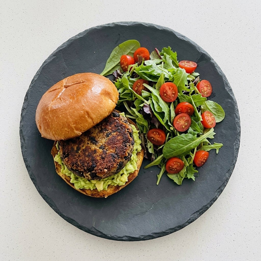 Crispy Black Bean Burgers with Avocado Spread & Mixed Greens Salad