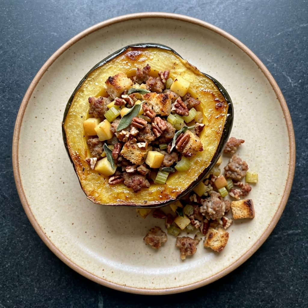 Sage Sausage Stuffed Acorn Squash with Apples & Pecans