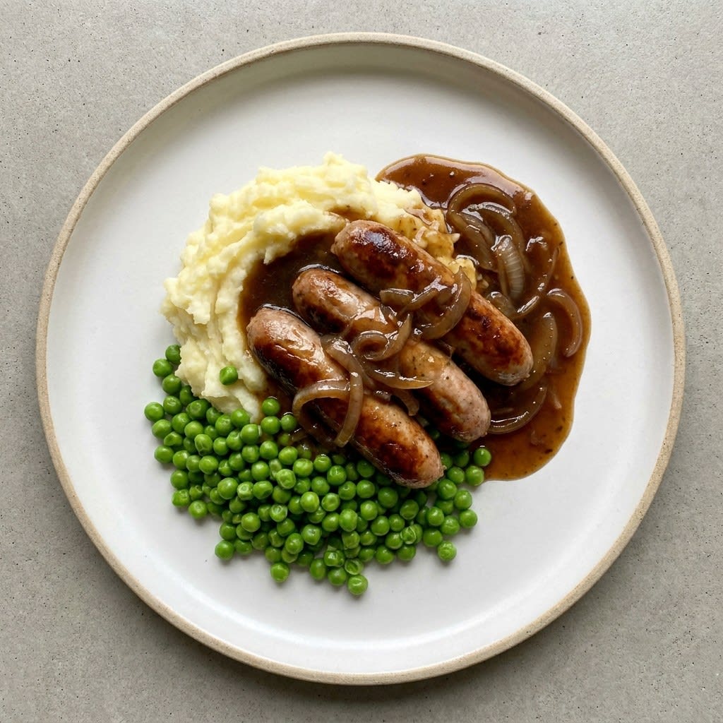 British Bangers & Mash with Onion Gravy & Peas