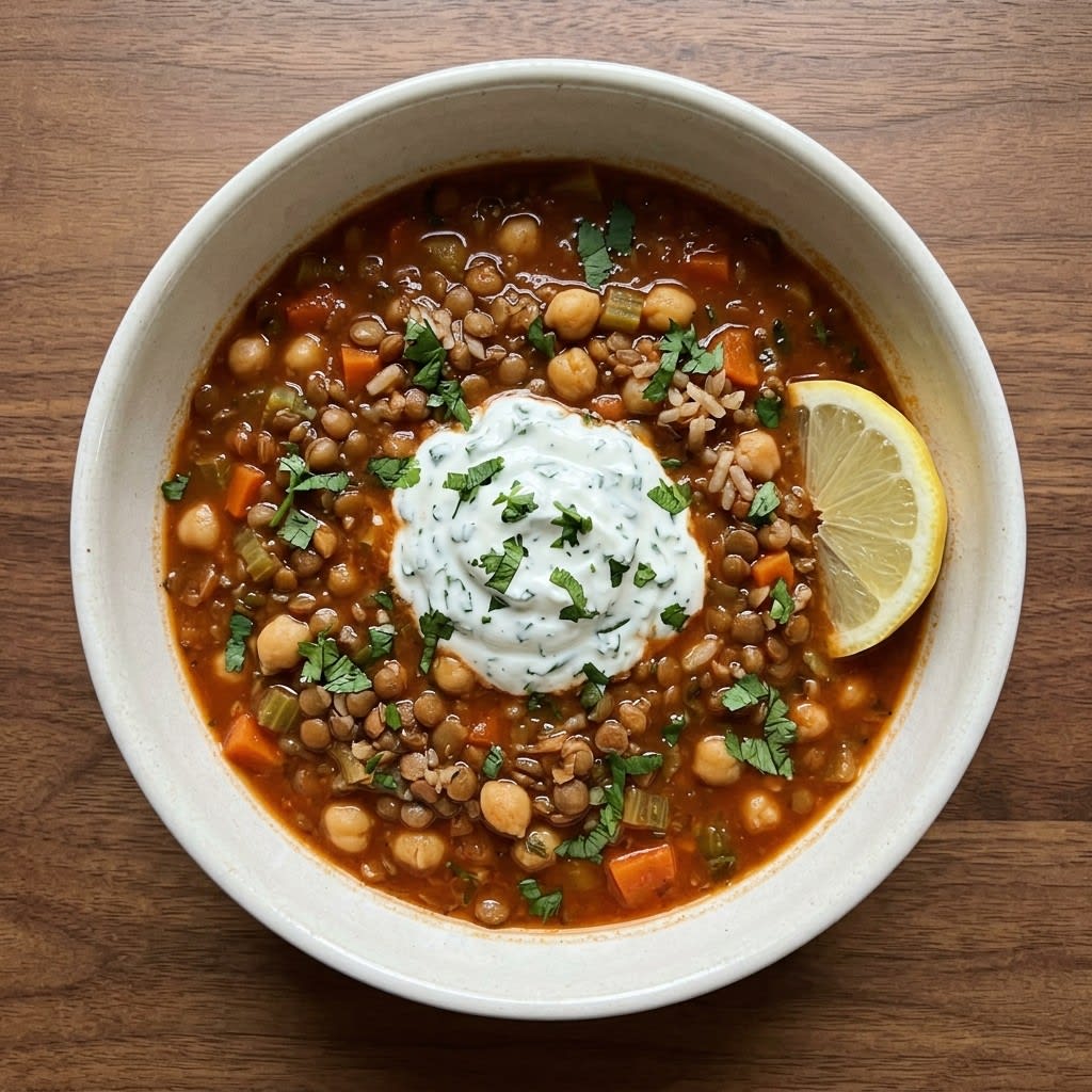 Moroccan Lentil & Chickpea Harira with Cilantro Yogurt