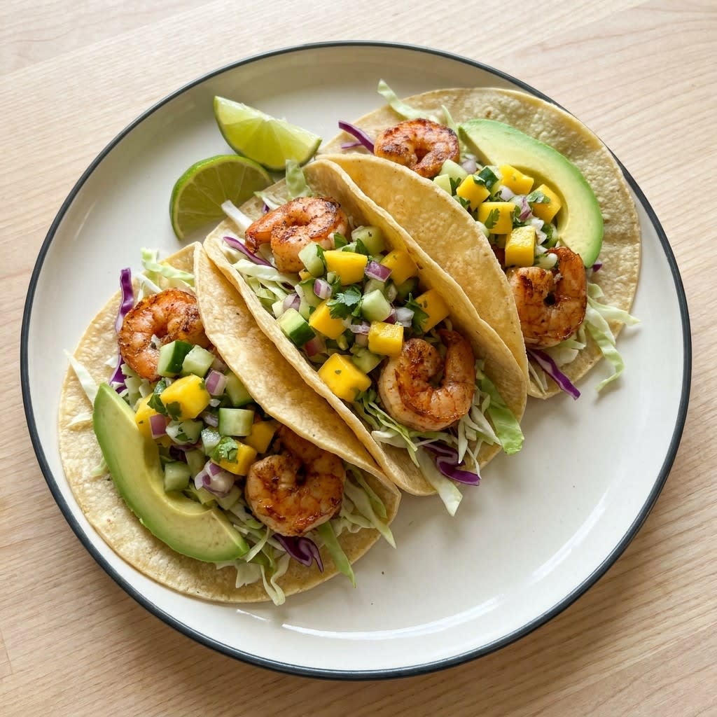 Chili-Lime Shrimp Tacos with Mango-Cucumber Salsa & Avocado