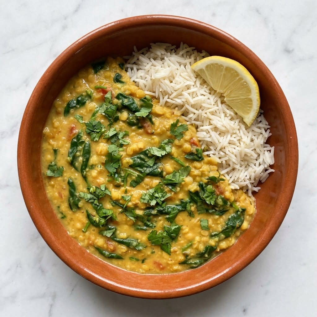 Golden Coconut Red Lentil Dal with Spinach & Basmati