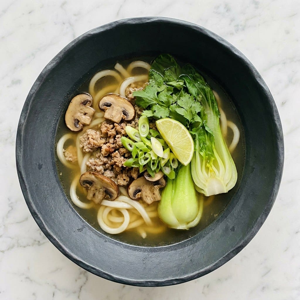One-Pot Ginger Pork & Mushroom Noodle Soup with Bok Choy