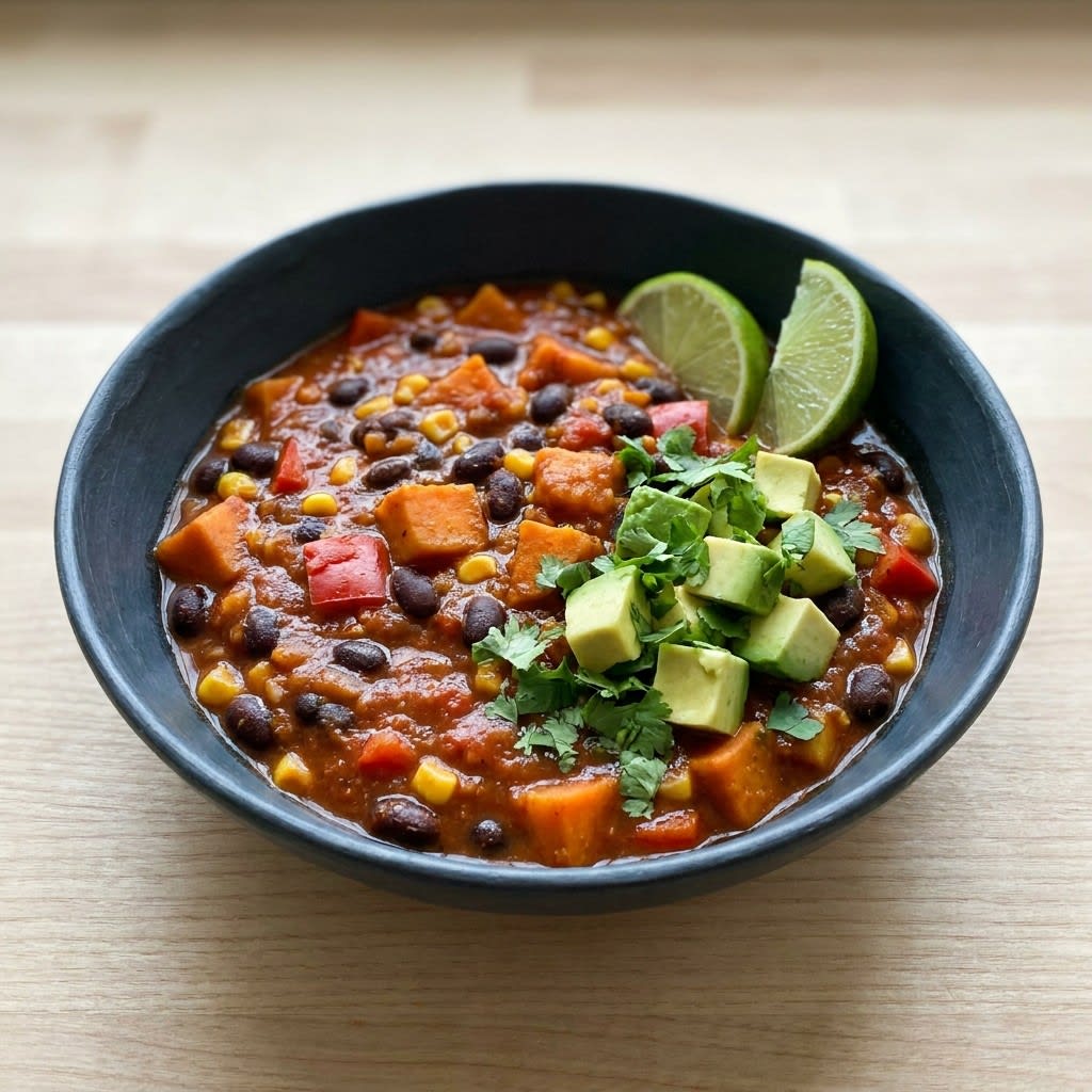 Smoky Black Bean & Sweet Potato Chili with Avocado & Lime