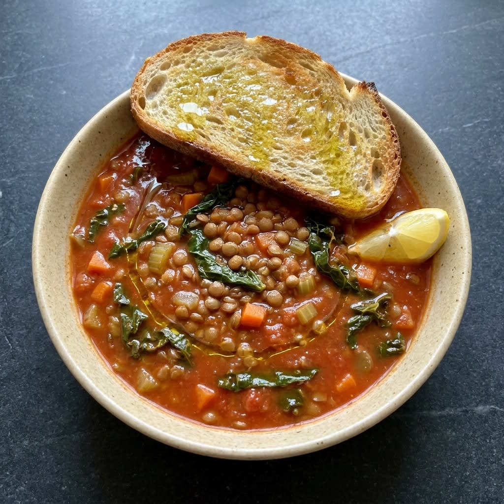 One-Pot Lentil, Kale & Tomato Soup with Garlic Toast