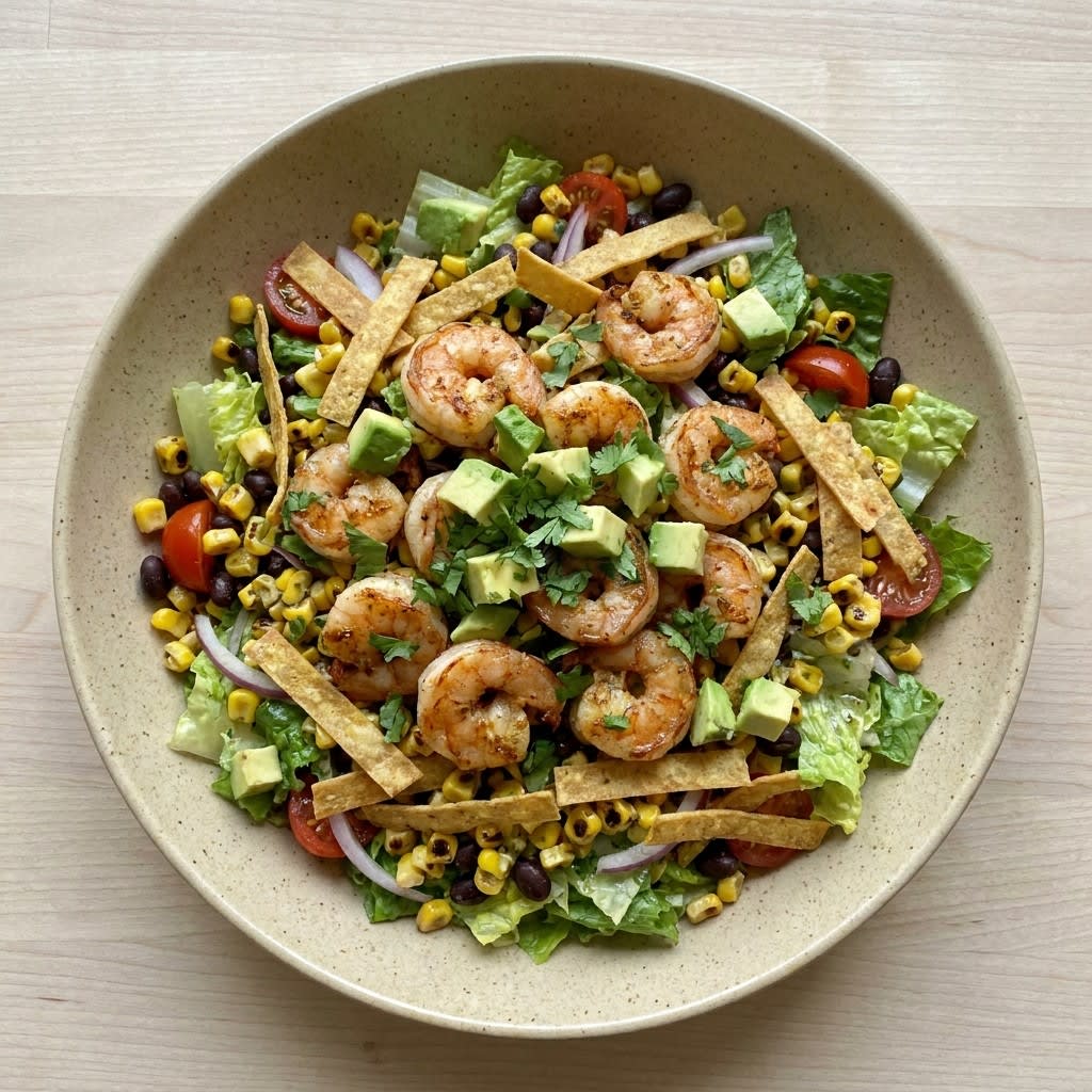 Seared Shrimp, Avocado & Charred Corn Salad with Cilantro-Lime Dressing