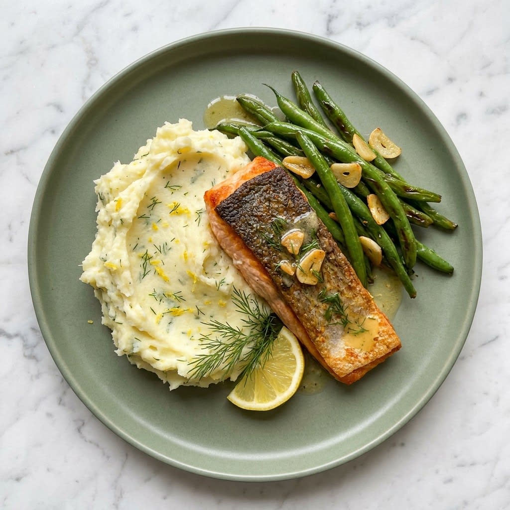 Crispy Salmon with Lemon-Dill Mash & Garlicky Green Beans