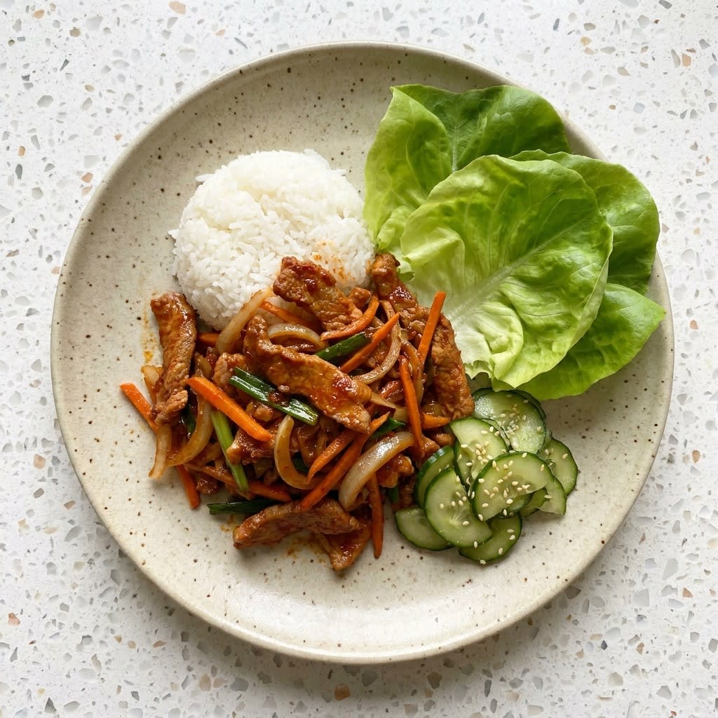 Spicy Gochujang Pork Stir-Fry with Lettuce Wraps & Sesame Cucumbers
