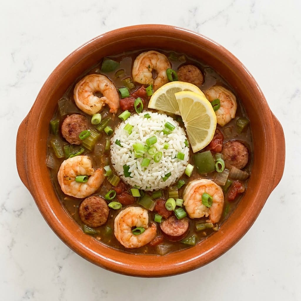 Weeknight Shrimp & Sausage Gumbo with Green Onion Rice