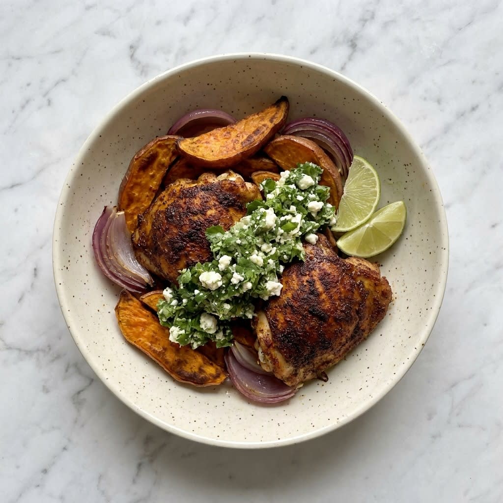 Sheet Pan Peruvian-Spiced Chicken with Sweet Potatoes & Cilantro-Feta Salsa