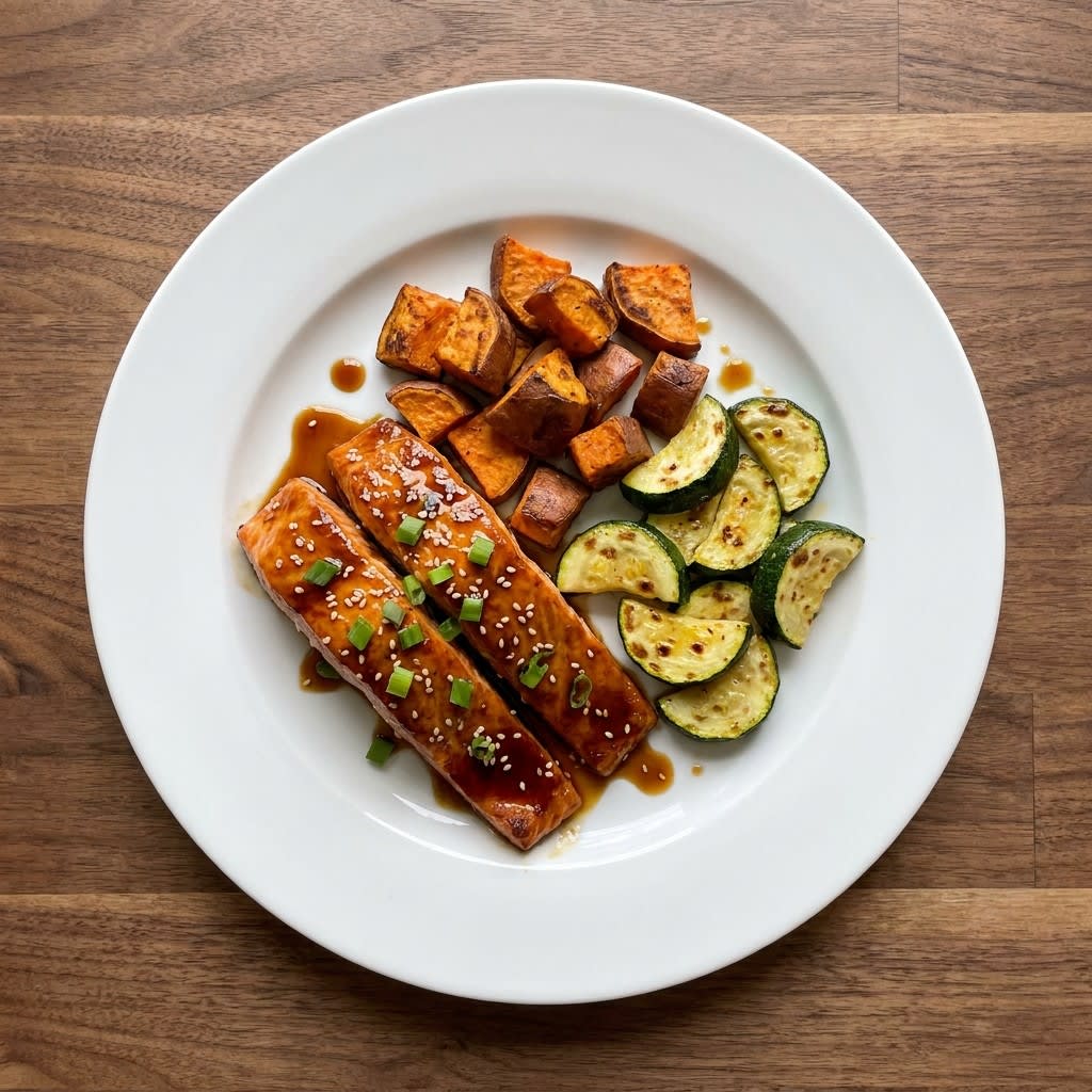 Air Fryer Honey-Soy Glazed Salmon with Zucchini & Sweet Potatoes
