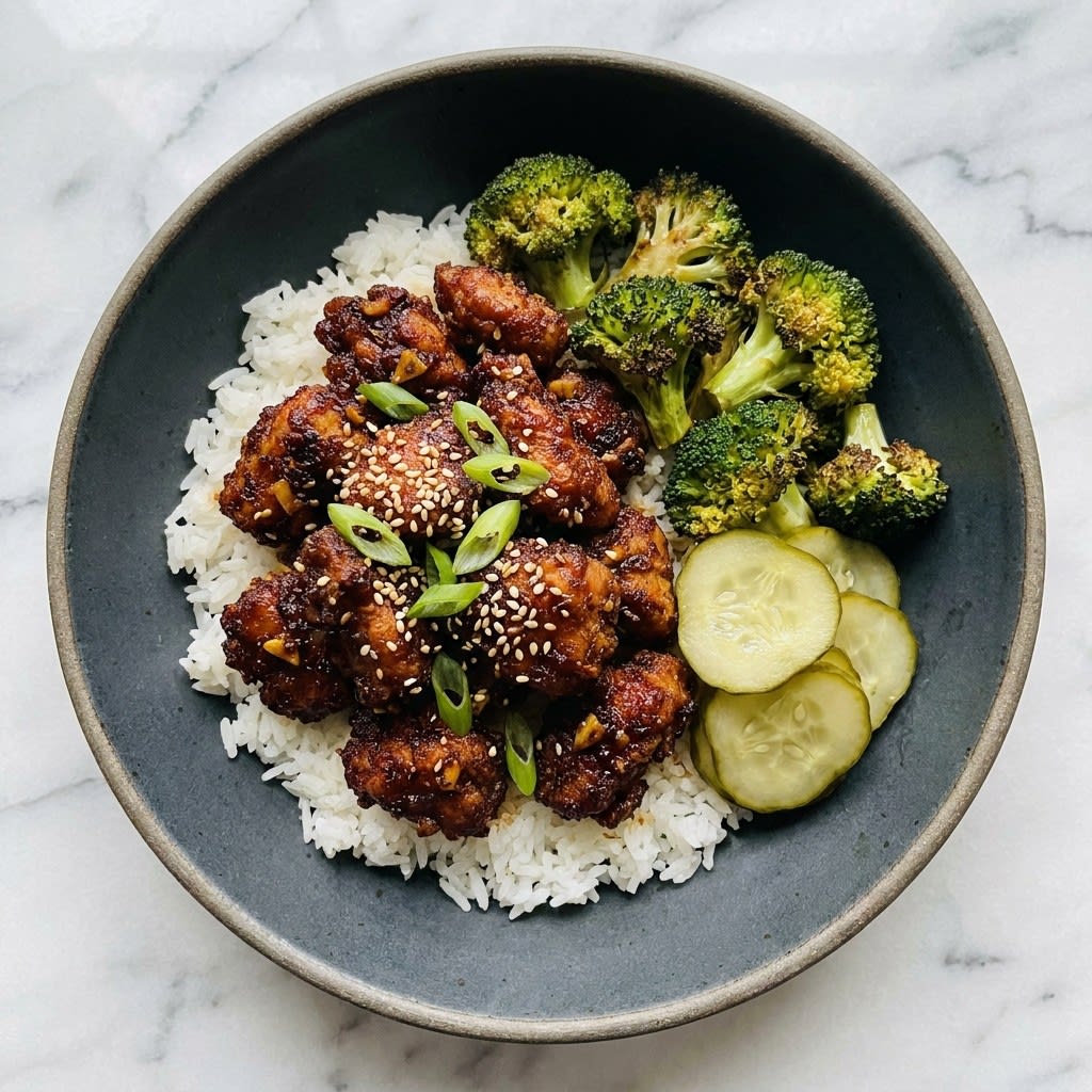 Air Fryer Korean Soy-Garlic Chicken with Rice & Pickled Cucumber