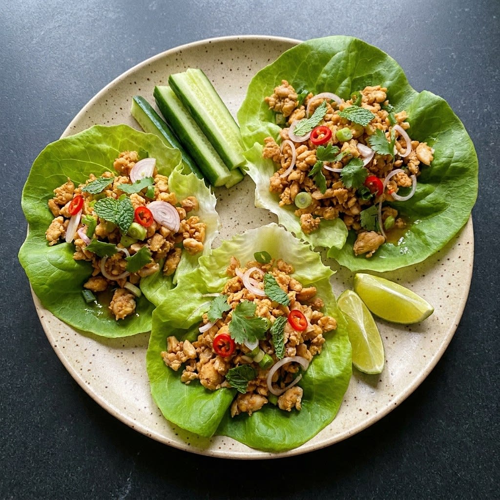 Thai Chicken Larb Lettuce Cups with Cucumber & Mint