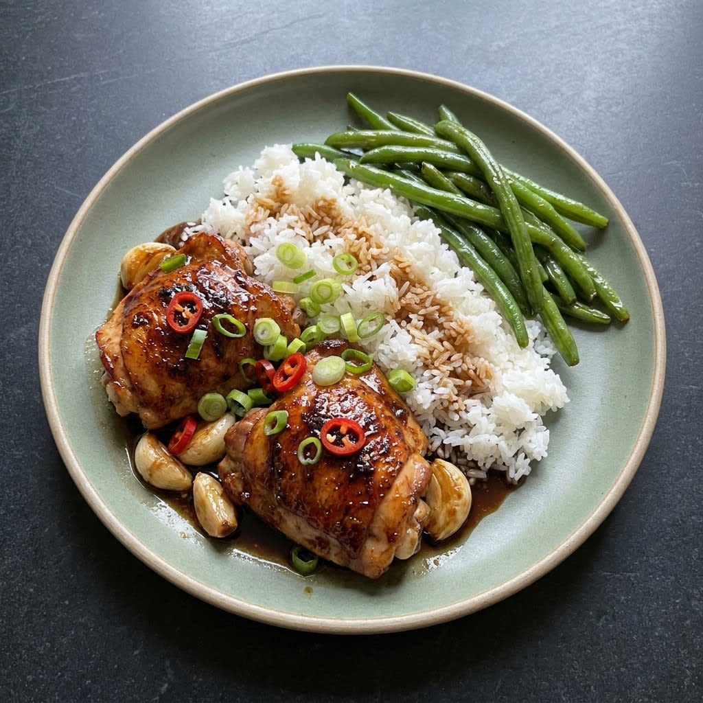 Garlicky Filipino Chicken Adobo with Jasmine Rice & Green Beans