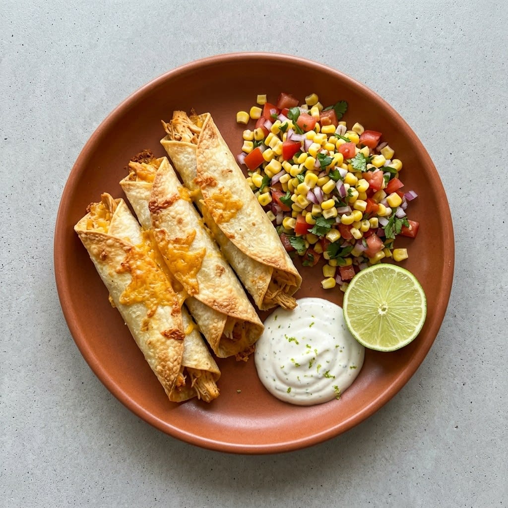 Cheesy Baked Chicken Taquitos with Corn Pico & Lime Crema