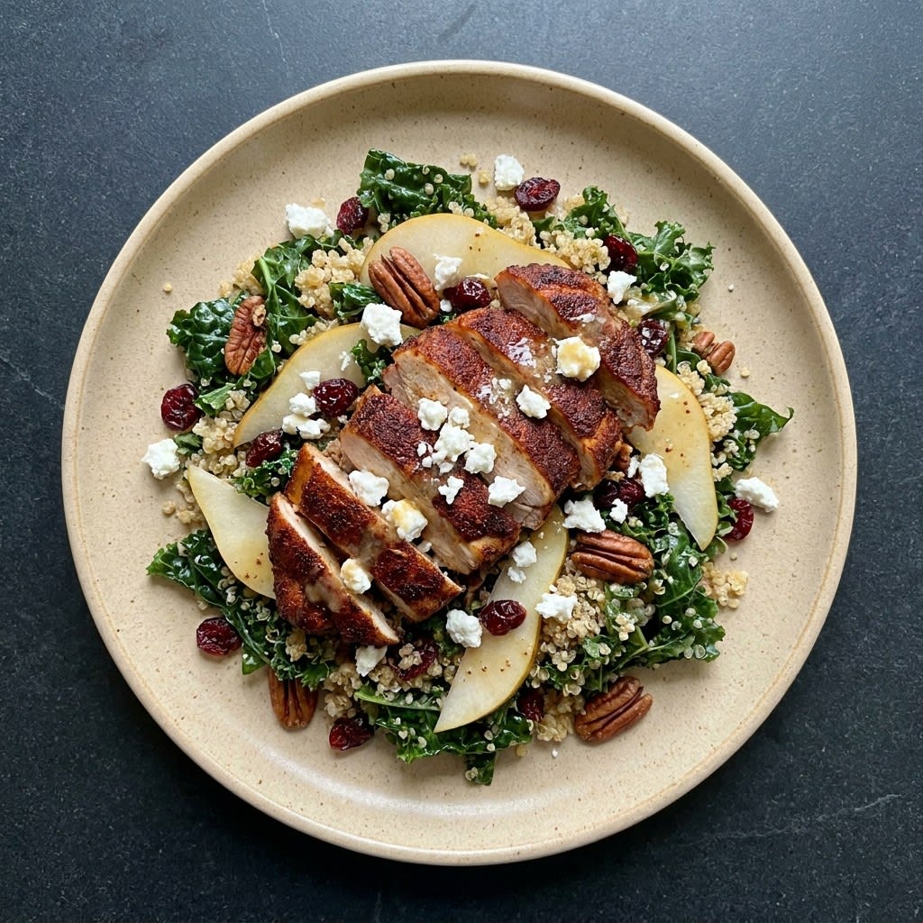 Warm-Spiced Chicken Kale Salad with Pear, Pecans & Maple-Dijon