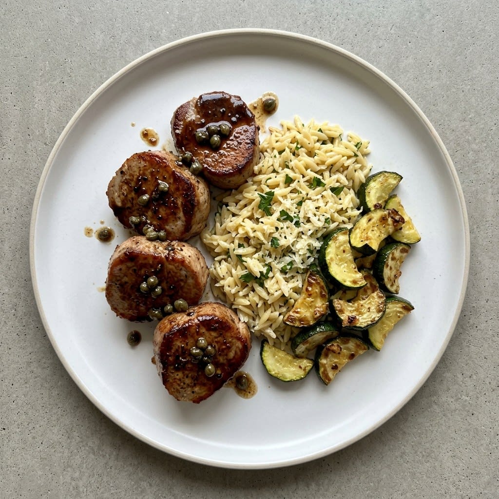 Balsamic-Caper Pork Medallions with Garlic Orzo & Zucchini