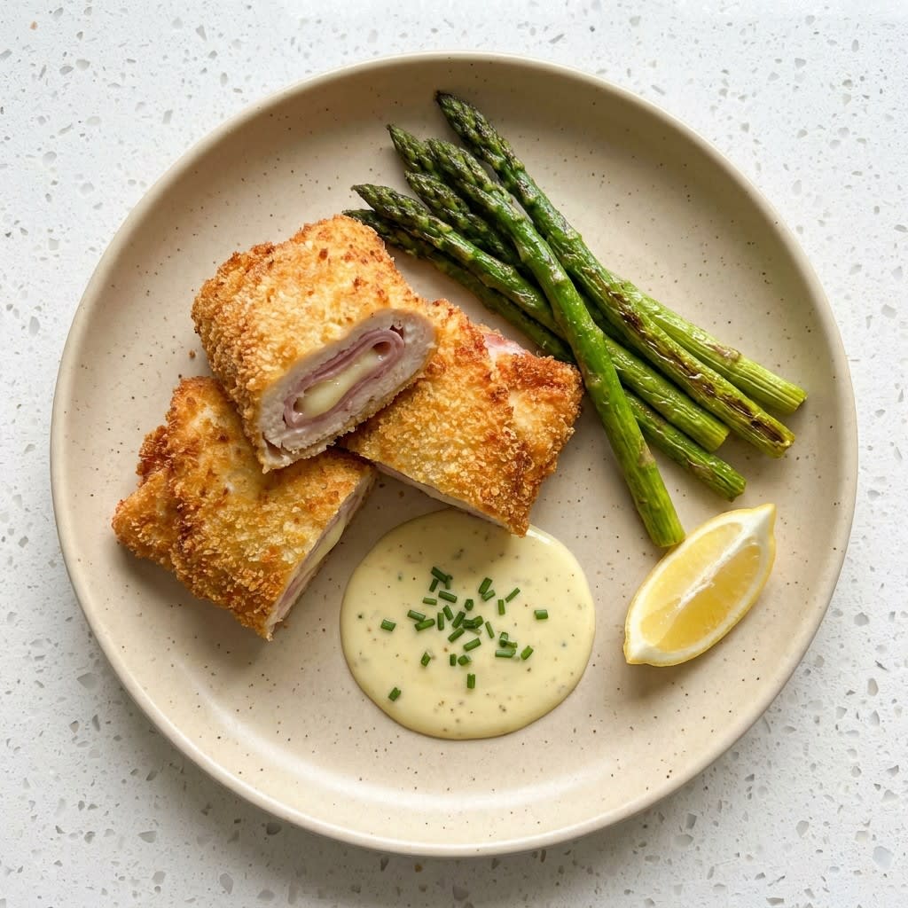 Air Fryer Chicken Cordon Bleu with Lemon-Dijon Sauce & Asparagus