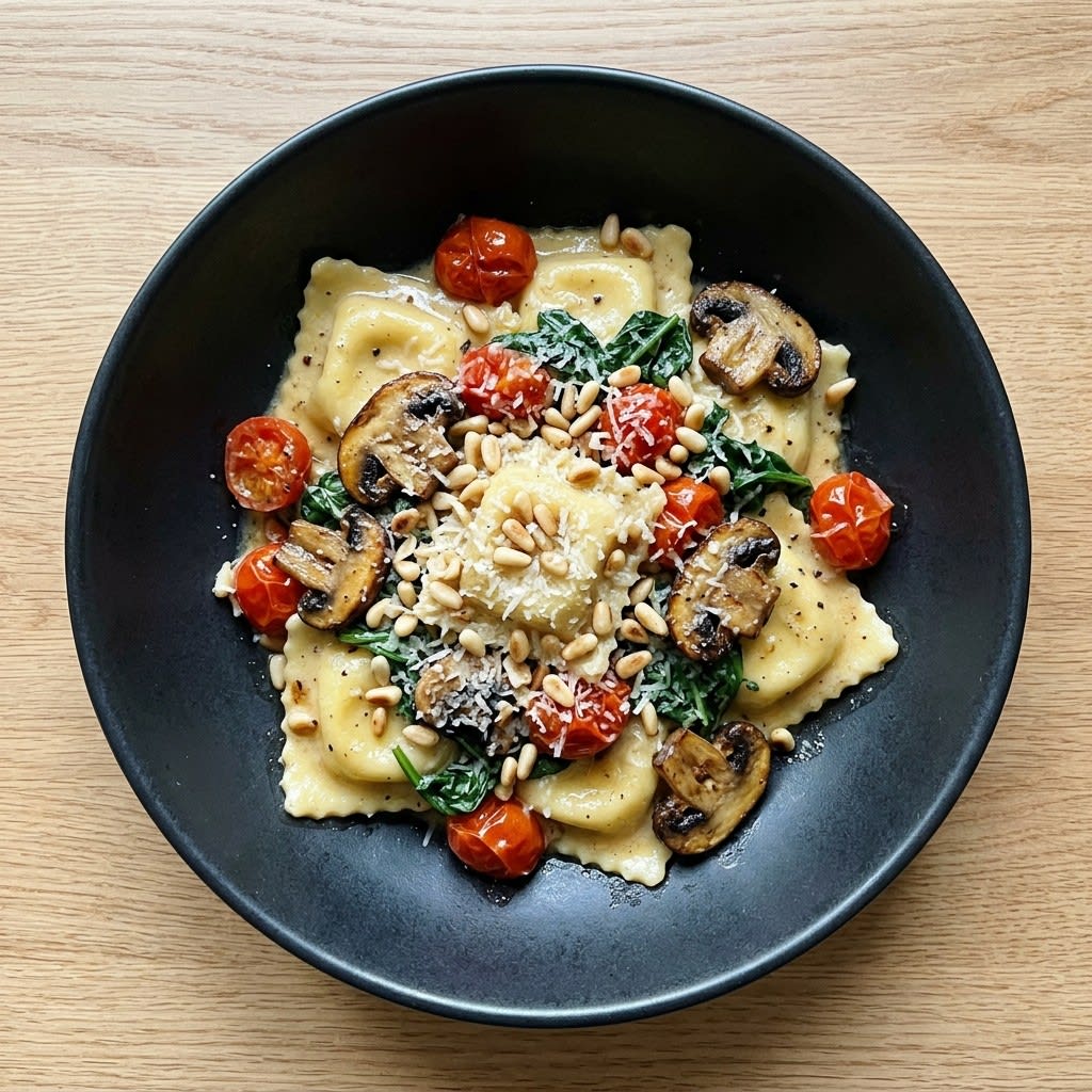 Creamy Tuscan Ravioli with Mushrooms, Tomatoes & Spinach