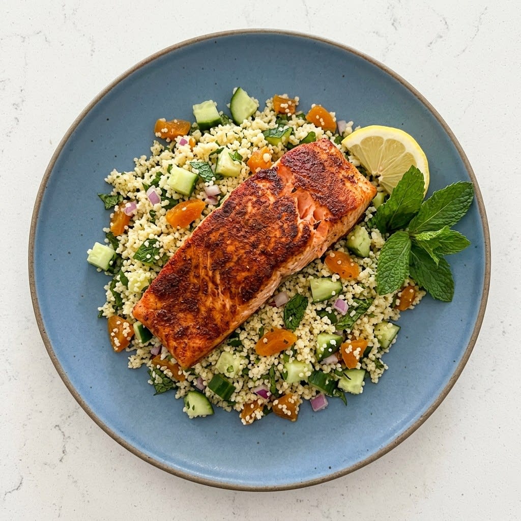 Moroccan-Spiced Salmon with Apricot & Cucumber Couscous Salad