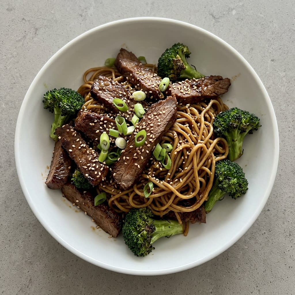 Caramelized Beef with Broccoli & Garlic Sesame Noodles