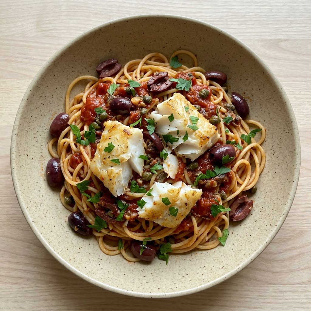 Classic Neapolitan Spaghetti alla Puttanesca with Seared Flaked Cod